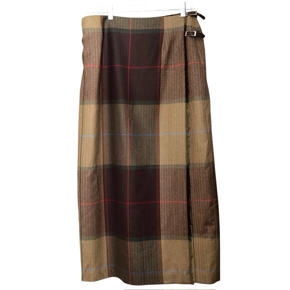 TALBOTS SHADES OF BROWN BLUE RED PLAID 100% WOOL LONG WRAP SKIRT SIZE 14 - Picture 1 of 4